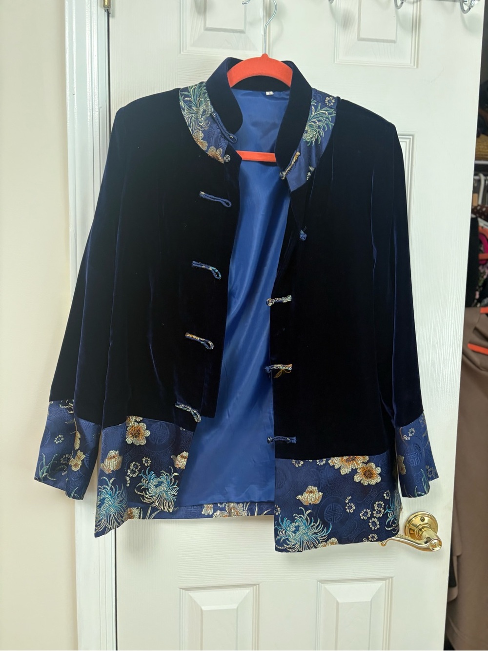 Embroidered Floral Trim Navy Velvet Jacket